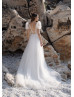 Short Sleeves Beaded Ivory Lace Tulle Slit Wedding Dress